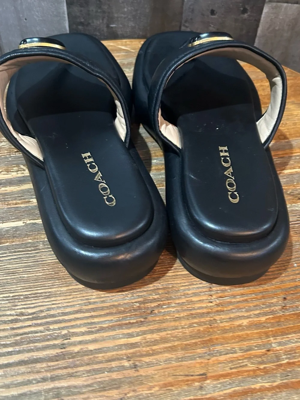 Coach Black Leather Thong Sandals with Gold 'C' Logo